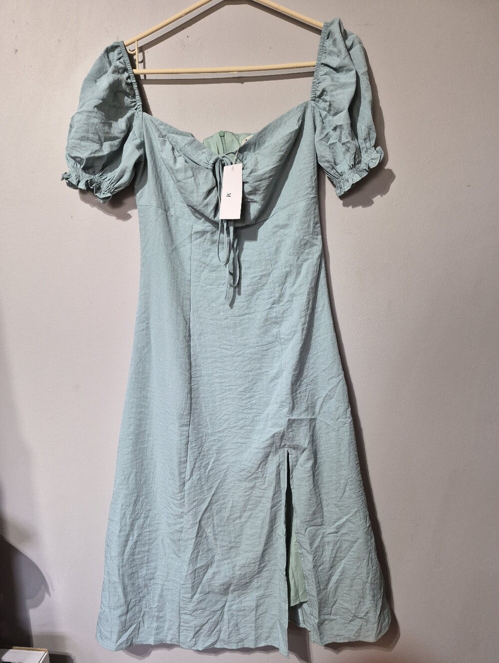 3CE Boutique Sage Green Puff Sleeve Tie Front Midi Dress Slit Cottagecore Size M
